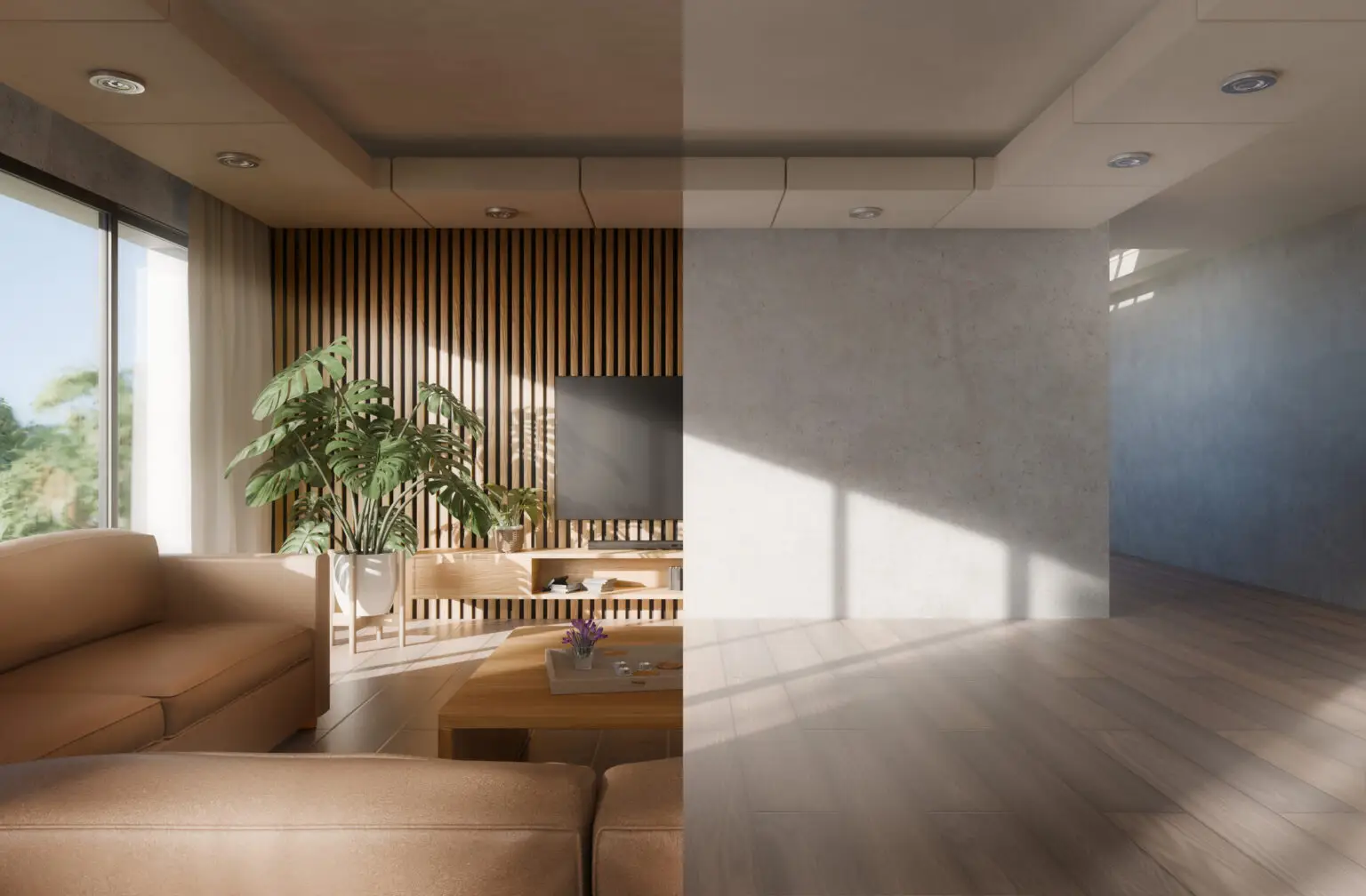 Split screen of living room created in 3D shows space with and without furniture. One side features sofa on hardwood floor facing television, while the other side shows empty space for a fresh look.